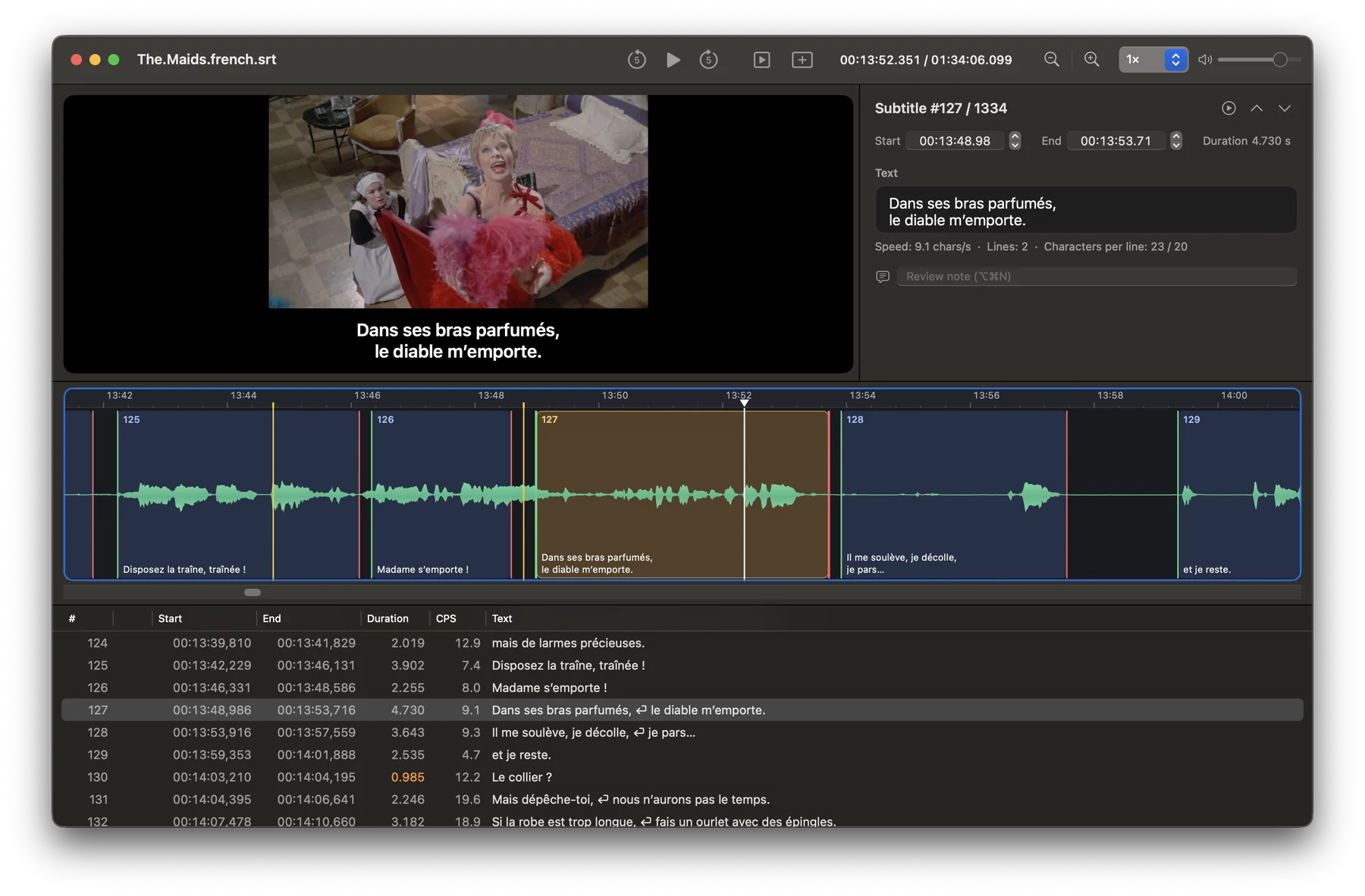 Subelle's window: the video with its subtitle, the inspector, the waveform and the subtitle table.