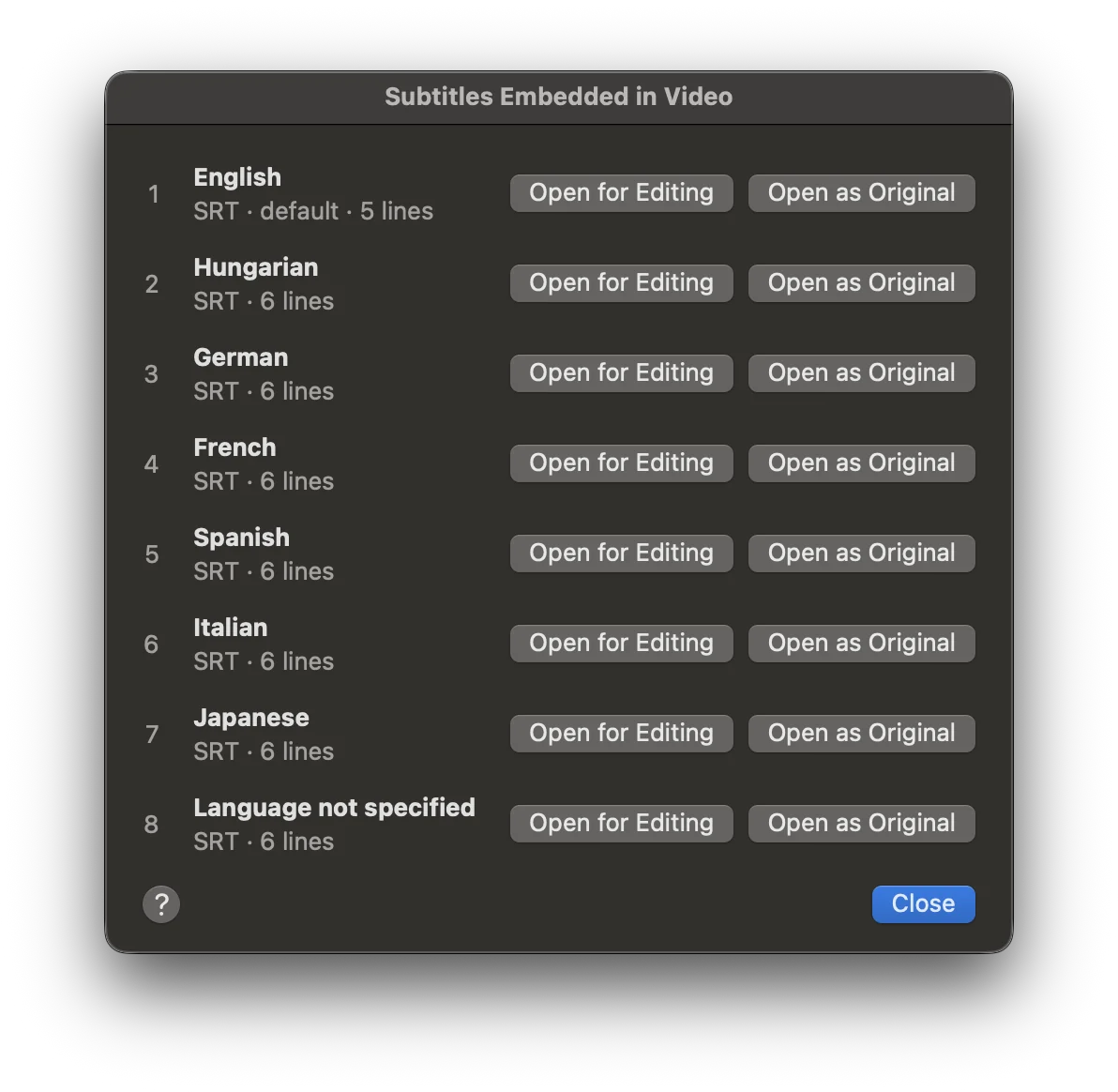 The list of subtitles embedded in a video.