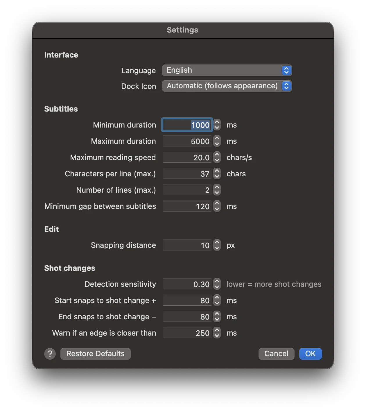 The Settings window.