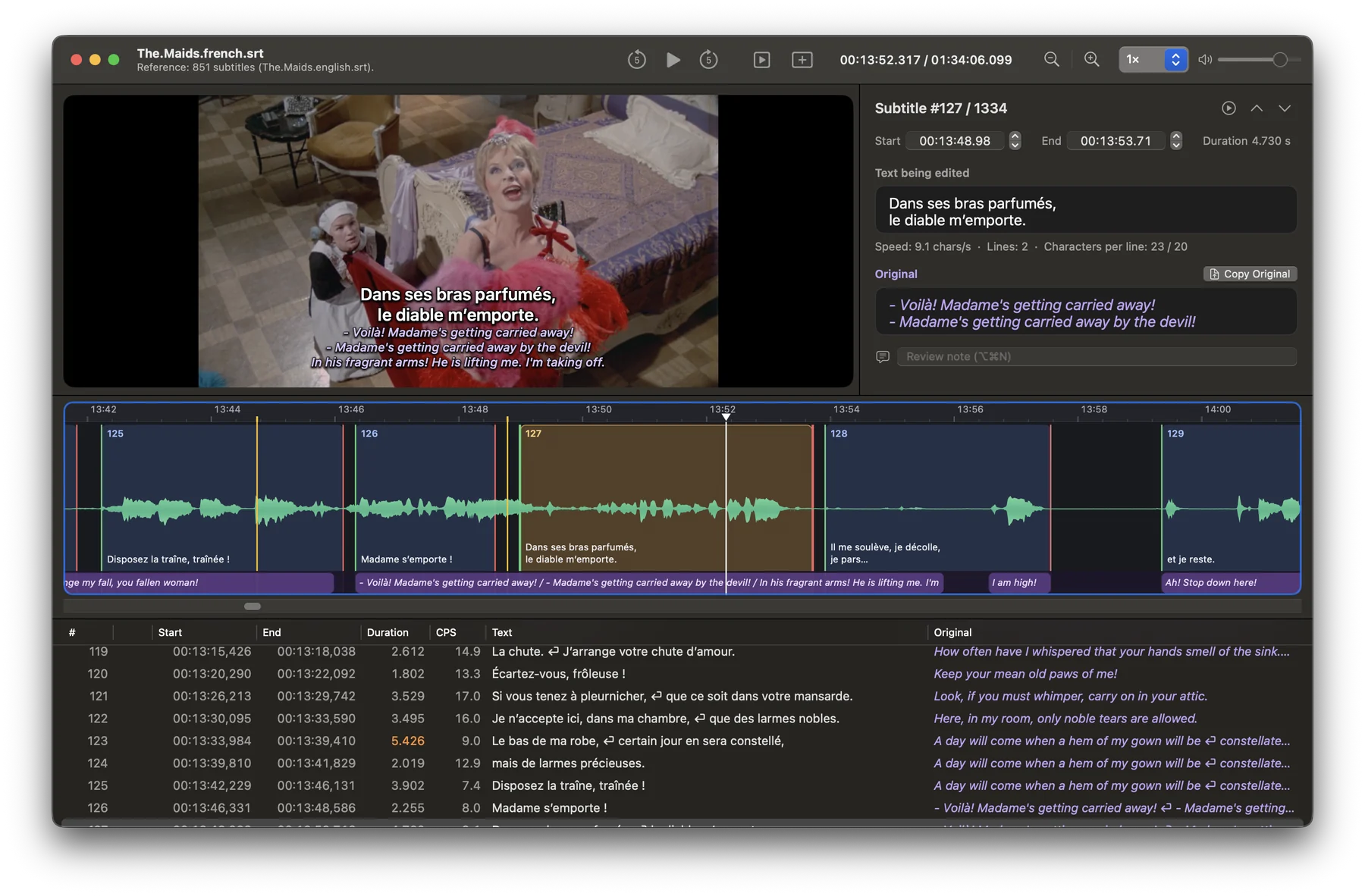 A translation in progress: the French subtitle on the picture, the English original in purple in the inspector, on the waveform and in the table.