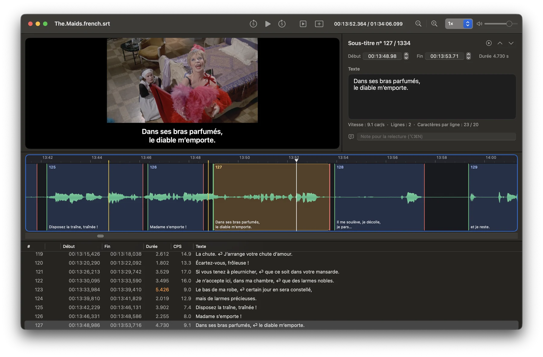 La fenêtre de Subelle : la vidéo avec son sous-titre, l'inspecteur, la forme d'onde et le tableau des sous-titres.