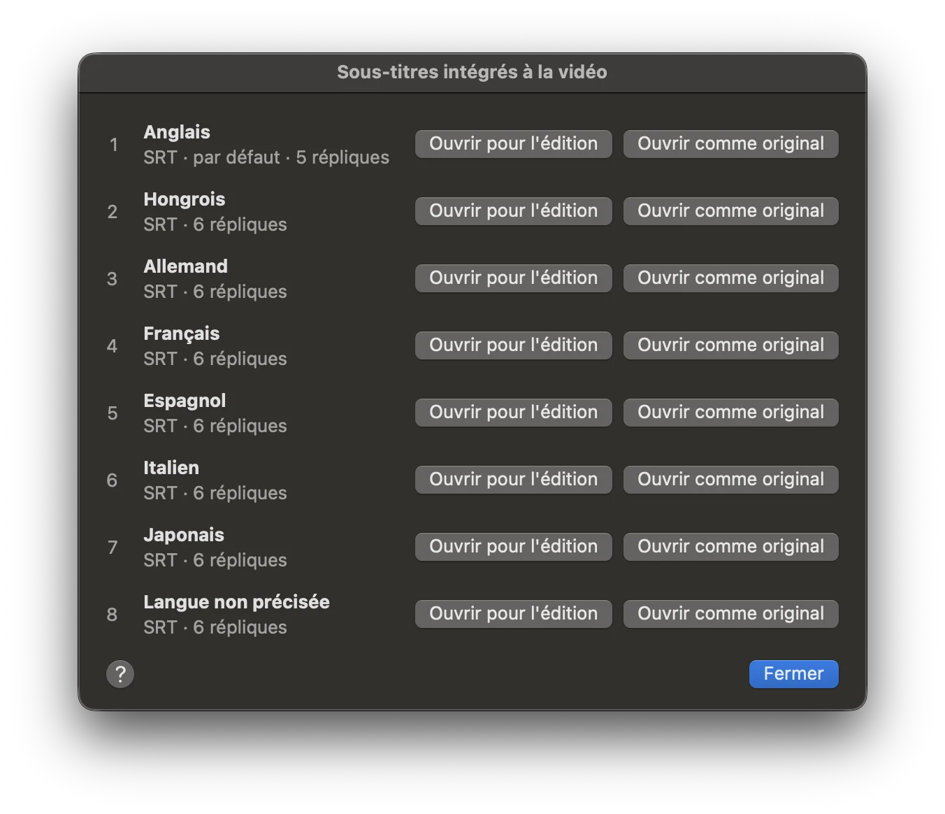 La liste des sous-titres intégrés à une vidéo.