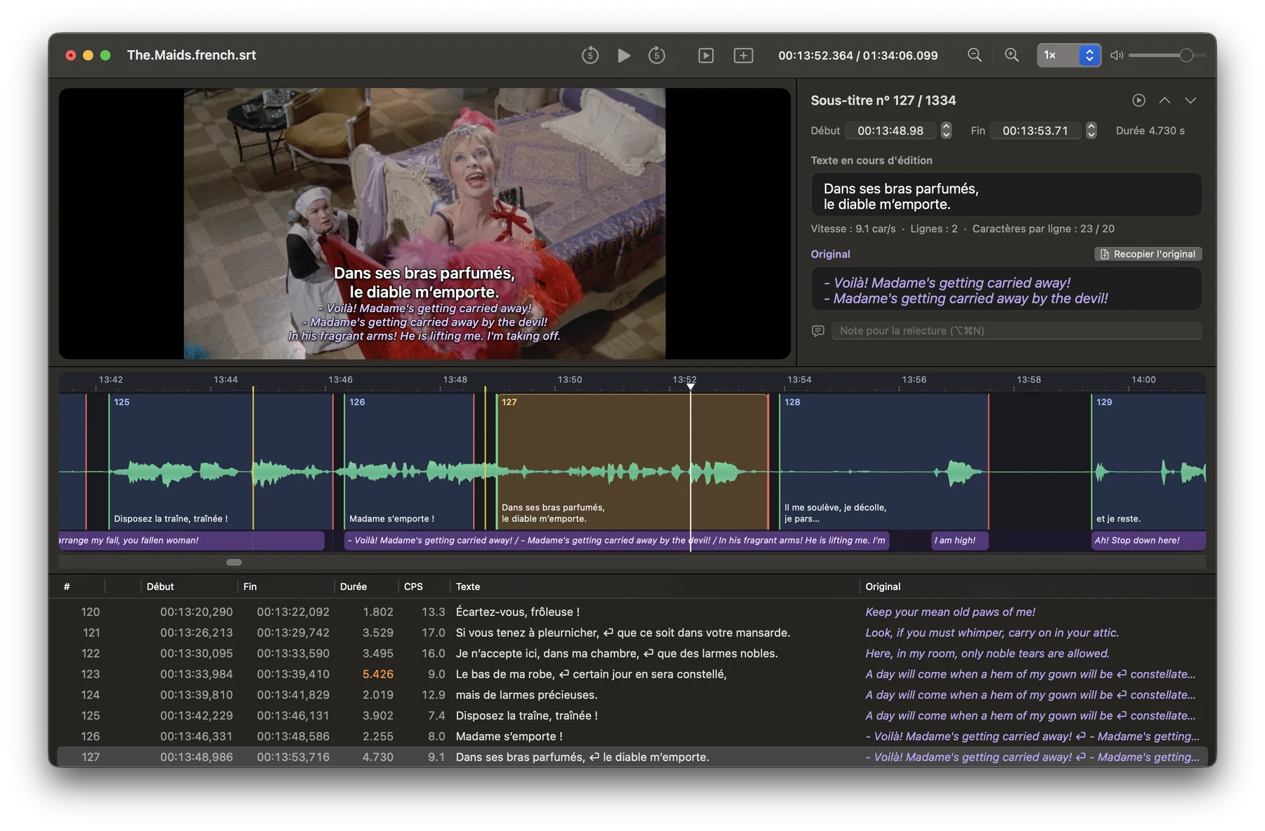 Une traduction en cours : le sous-titre français sur l'image, l'original anglais en violet dans l'inspecteur, sur la forme d'onde et dans le tableau.